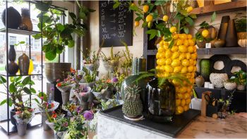 Bloemenwinkel met toonbank en grote gele vaas.